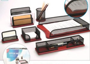 6PC Office Stationery Set Metal Mesh Wooden base Document Tray SQ63513